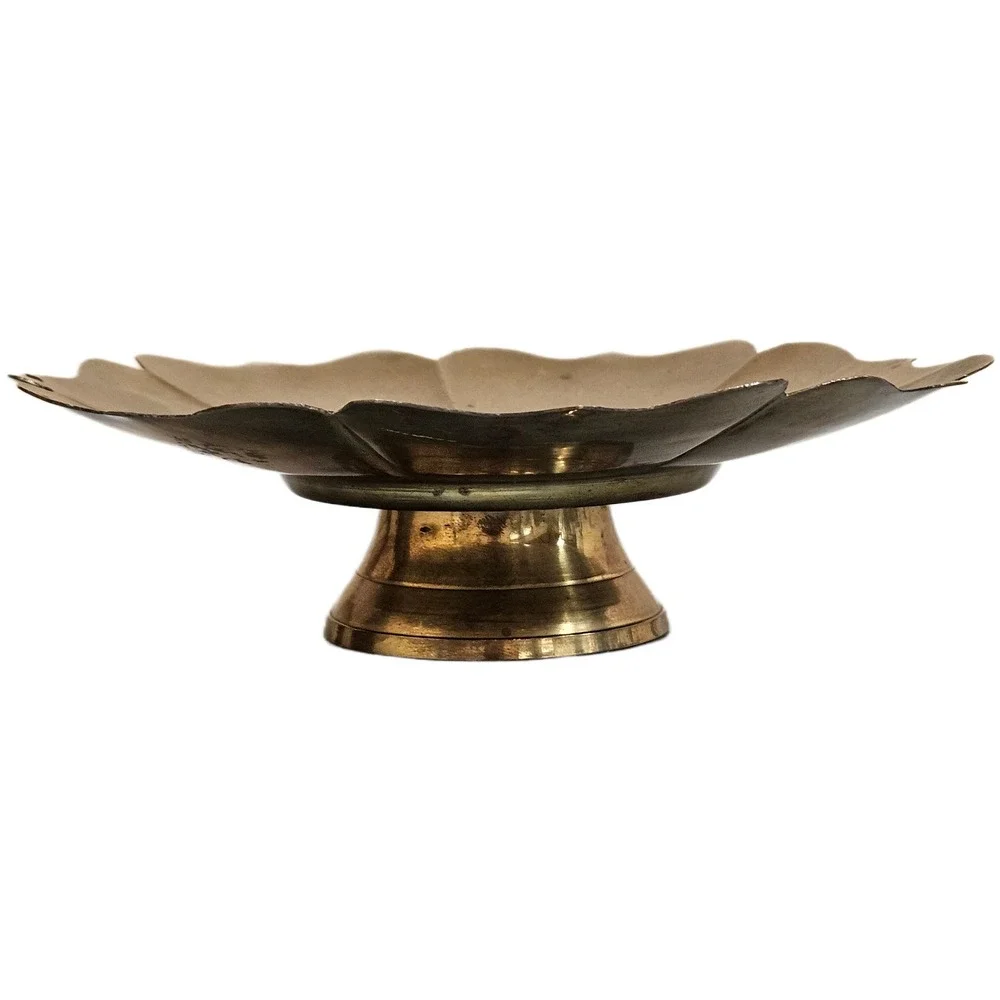 Vintage Brass Lotus Flower Pedestal Decorative Tray Candle‎ Holder Made In India